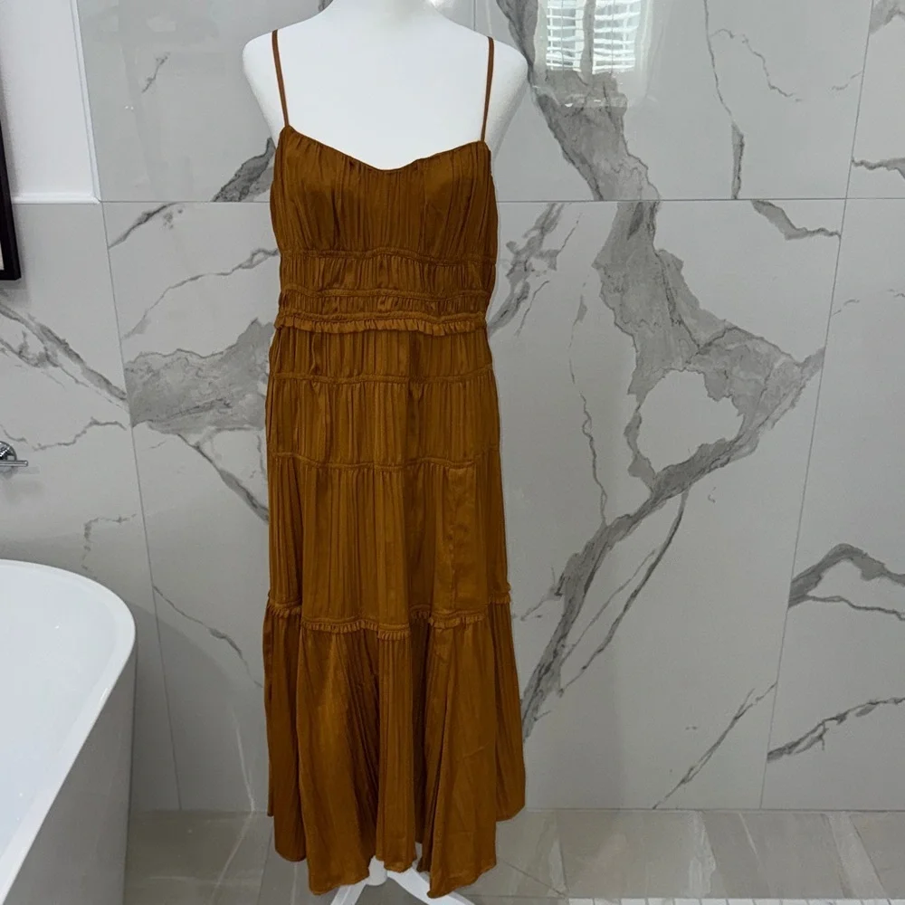 Anthropologie Ruched Slip Tiered Midi Dress Size 8 - Picture 3 of 10